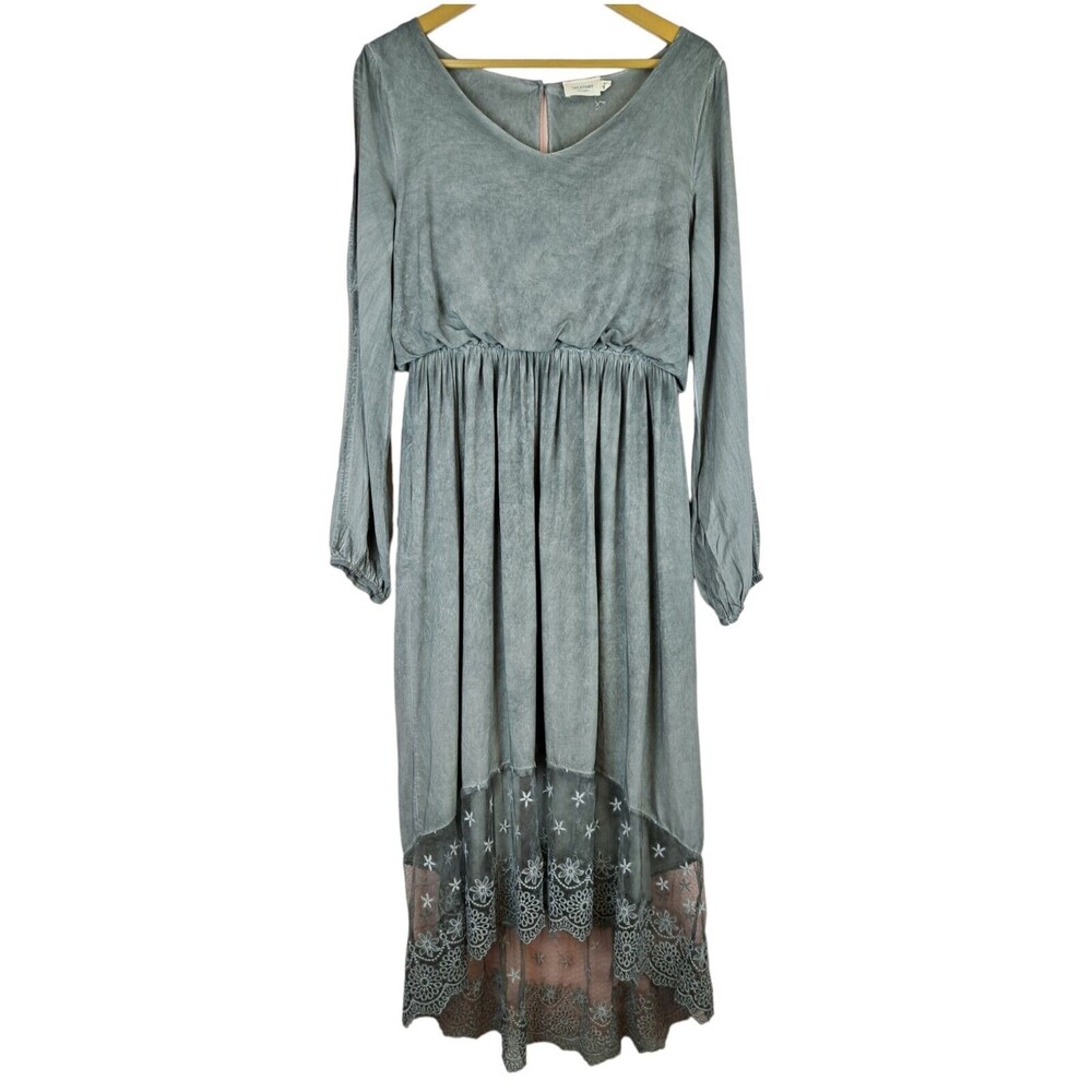 143 Story Los Angeles Women Midi Dress Cold Shoulder Gray Lace Bottom Size M
